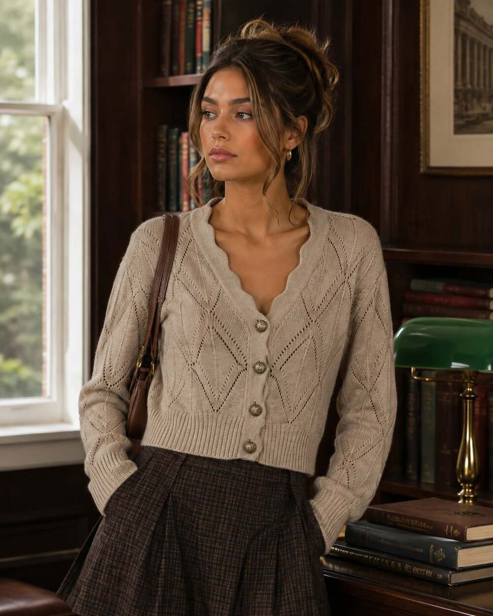 Sylphide Wool Blend Pointelle Cardigan S Beige Cameo Buttons Academia Y2K